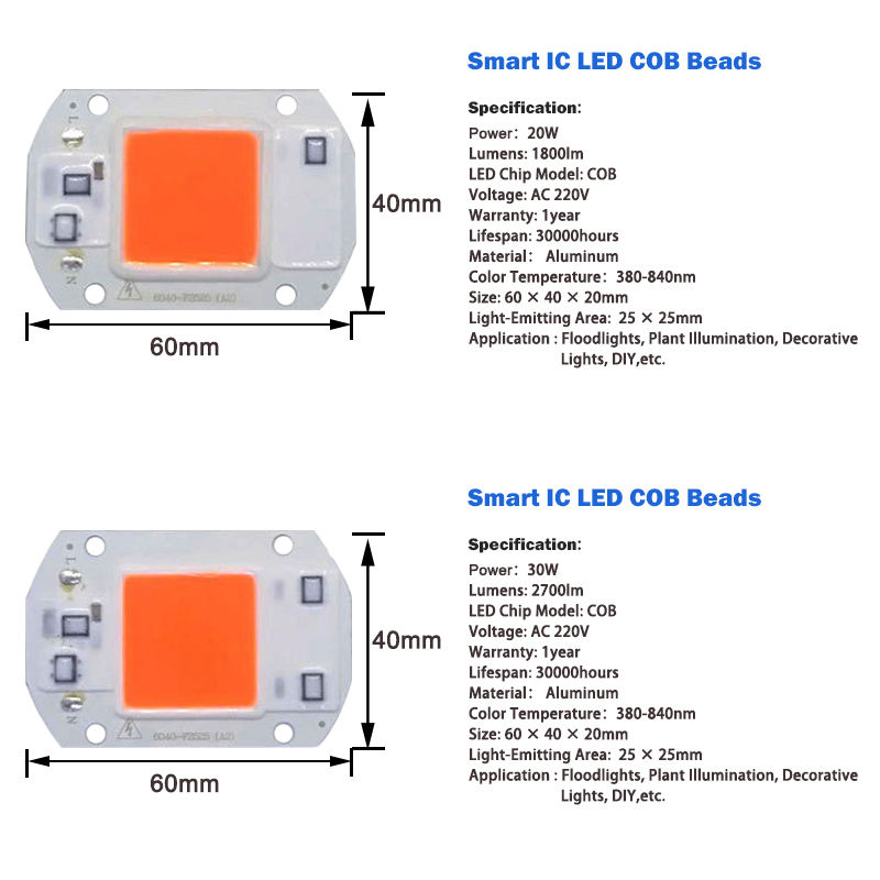 Chip di coltivazione a led per interni ad alta potenza 20W 30W 50W per l'illuminazione della crescita delle piante