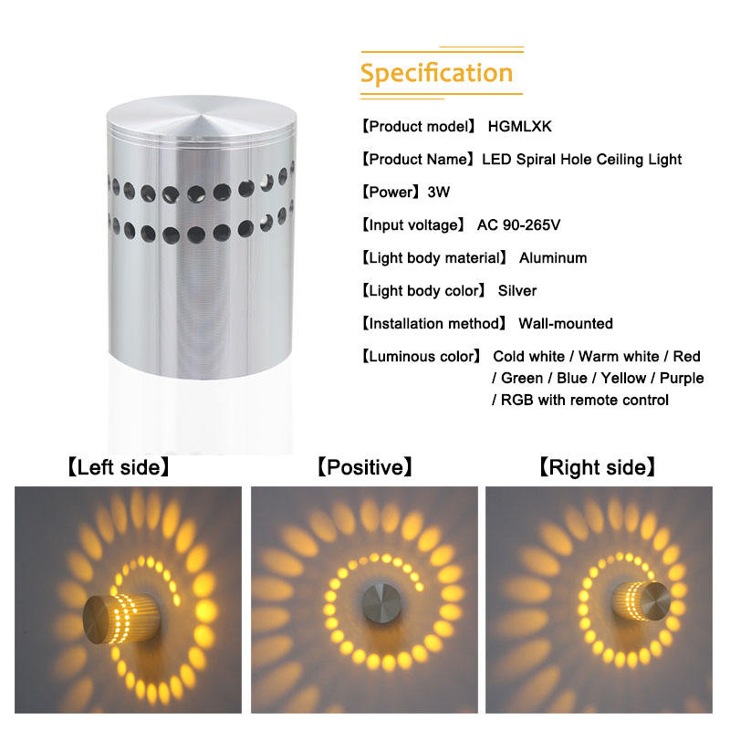 An der Wand montiertes Spiralloch 3W RGB mit Controller-LED-Wandleuchte für den Innenbereich für Hotelzimmer, dekorative Wandleuchte